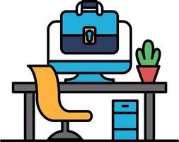 A computer desk with a laptop, a computer monitor, a keyboard, a mouse, a chair vector