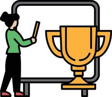 A woman is standing in front of a white board with a trophy on it vector