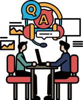 Two men are sitting at a table, one of them is wearing a headset vector