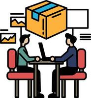 Two men sitting at a table with a box in the background vector