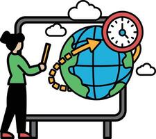 A woman is drawing a globe with a clock on it vector