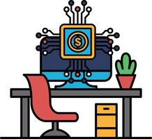 A computer monitor with a dollar sign on it sits on a desk next to a potted plan vector