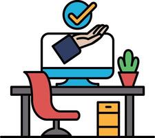 A computer monitor with a hand on it and a check mark vector