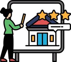 A woman is standing in front of a building with a star rating vector