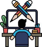 A man is sitting at a desk with a computer monitor and a pair of pencils vector