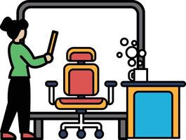A woman is standing in front of a desk with a chair and a cup vector