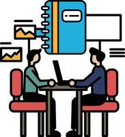 Two men sitting at a table with a blue book in front of them vector