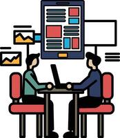Two men sitting at a table with laptops, one of them wearing a hat vector