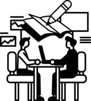 men sitting at a table with a book and a pen vector