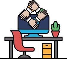A computer monitor is surrounded by four hands, symbolizing teamwork vector