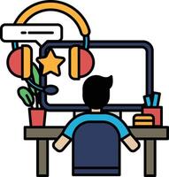 A man is sitting at a desk with a computer monitor vector