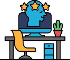 A computer monitor with a head and stars on it sits on a desk with a chair vector
