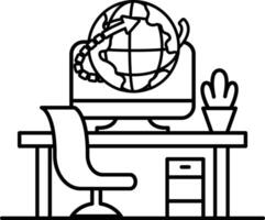 computer monitor is on a desk with a globe and a potted plant vector
