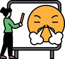 A woman is standing in front of a white board with a cartoon face on it vector