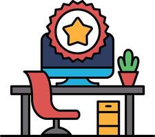 A computer monitor with a star on it sits on a desk with a red chair vector