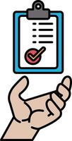 A hand holding a clipboard with a check mark on it vector