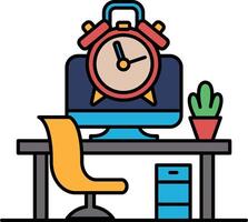 A computer desk with a clock on it and a plant in a pot vector