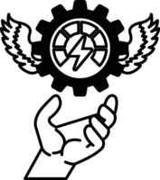 hand is holding a gear with wings on top of it vector