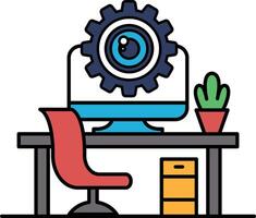 A computer monitor with a gear on it sits on a desk with a red chair vector