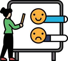 A woman is standing in front of a white board with two faces on it vector