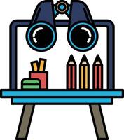 A blue and white drawing of a desk with a pair of binoculars on it vector