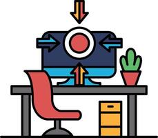 A computer monitor with a red chair in front of it vector