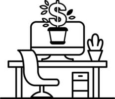 computer monitor sits on a desk with a plant and a dollar bill vector