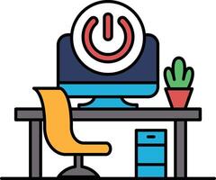 A computer monitor with a power button on it sits on a desk with a yellow chair vector
