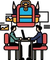 Two men sitting at a table with a backpack on the table vector