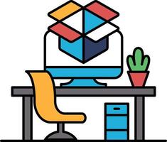 A computer monitor sits on a desk with a box in the foreground vector