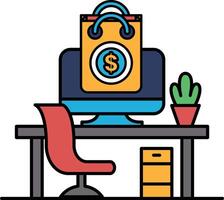 A computer monitor is on a desk with a shopping bag and a dollar sign vector