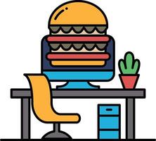 A computer monitor sits on a desk with a large hamburger on top of it vector