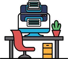 A computer desk with a monitor, a printer, a chair, and a potted plant vector