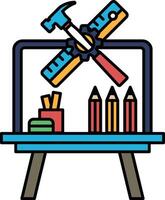 A blue table with a hammer, ruler, and pencils on it vector