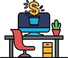 A computer monitor sits on a desk with a plant and a dollar bill vector