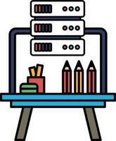 A computer desk with a laptop, a pencil holder, and a cup of pens vector