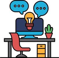 A computer monitor with a light bulb on it is on a desk with a red chair vector