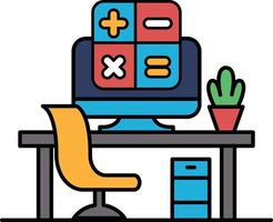 A computer monitor with a calculator and a plant on a desk vector