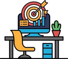 A computer monitor with a red bullseye on it sits on a desk with a chair vector