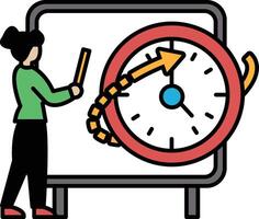 A woman is standing in front of a white board with a clock on it vector