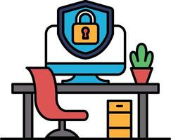 A computer monitor with a blue lock on it sits on a desk next to a red chair vector