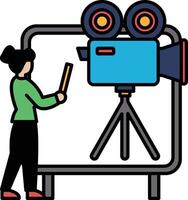 A woman is holding a camera and standing in front of a white board vector