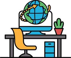 A computer monitor is on a desk with a globe and a potted plant vector