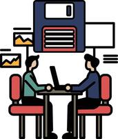 Two men sitting at a table with a floppy disc in the background vector