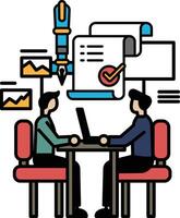 Two men sitting at a table with a pen and paper in front of them vector