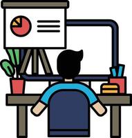 A man is sitting at a desk with a computer monitor and a presentation board vector