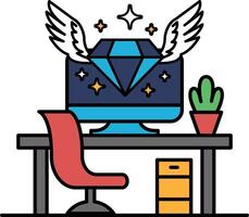 A computer monitor with a diamond on it is on a desk with a red chair vector