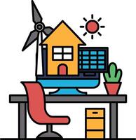 A drawing of a house, a computer monitor, and a potted plant on a desk vector