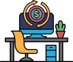 A computer monitor with a dollar sign on it and a green plant in the background vector