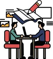Two men sitting at a table with a book and a pen vector